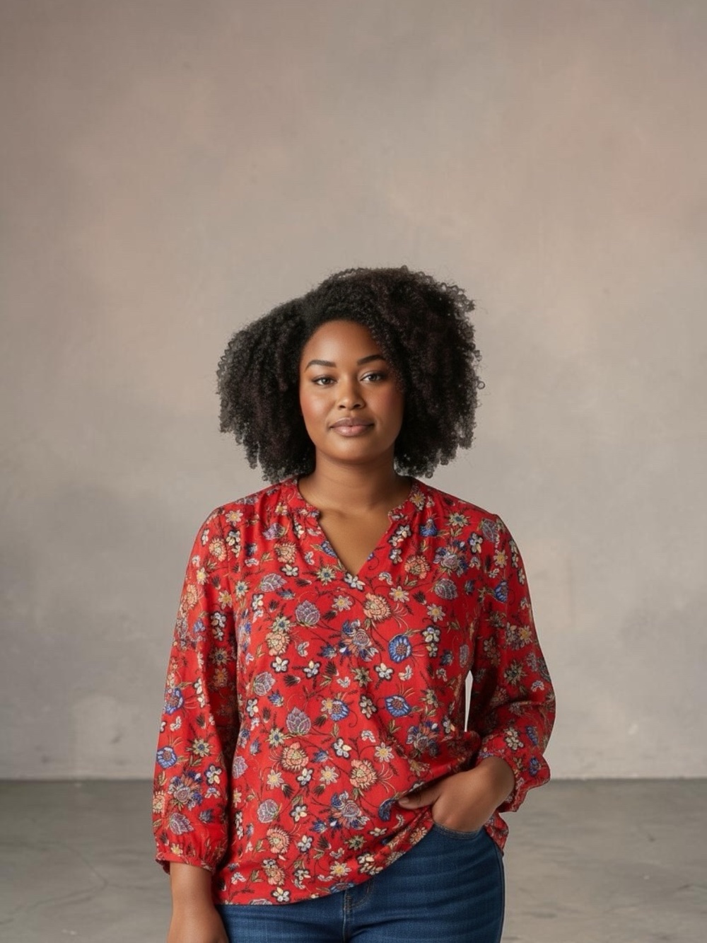 Chelsea & Theodore Red Floral V-Neck Long Sleeve Blouse
